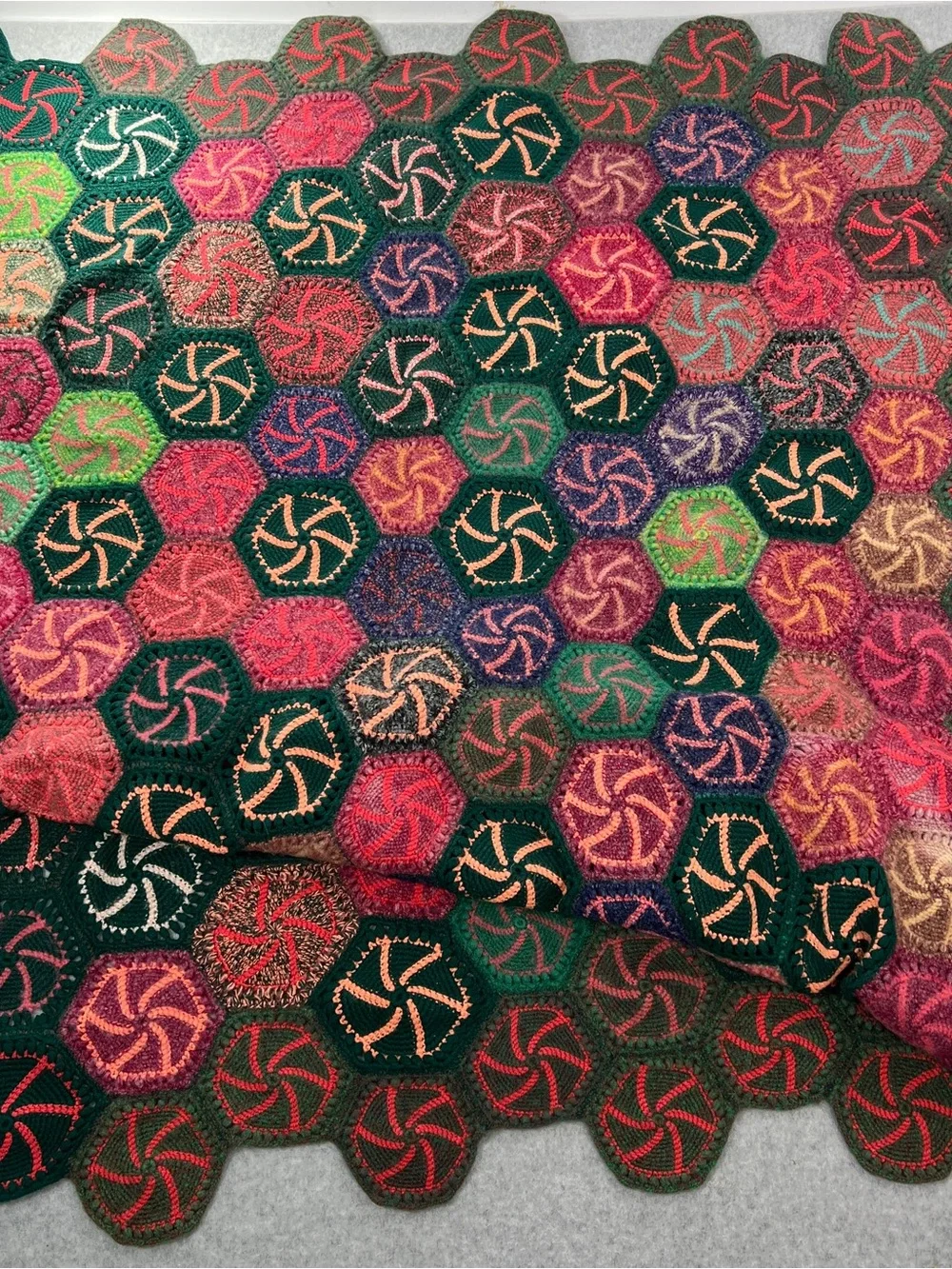 Handmade Multicolor Hexagon Crochet Throw - Green & Pink Accents candy swirl